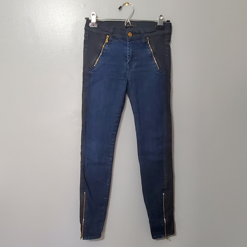 7 For All Mankind Dark Blue Black Skinny Jeans with Gold Zippers Size 25